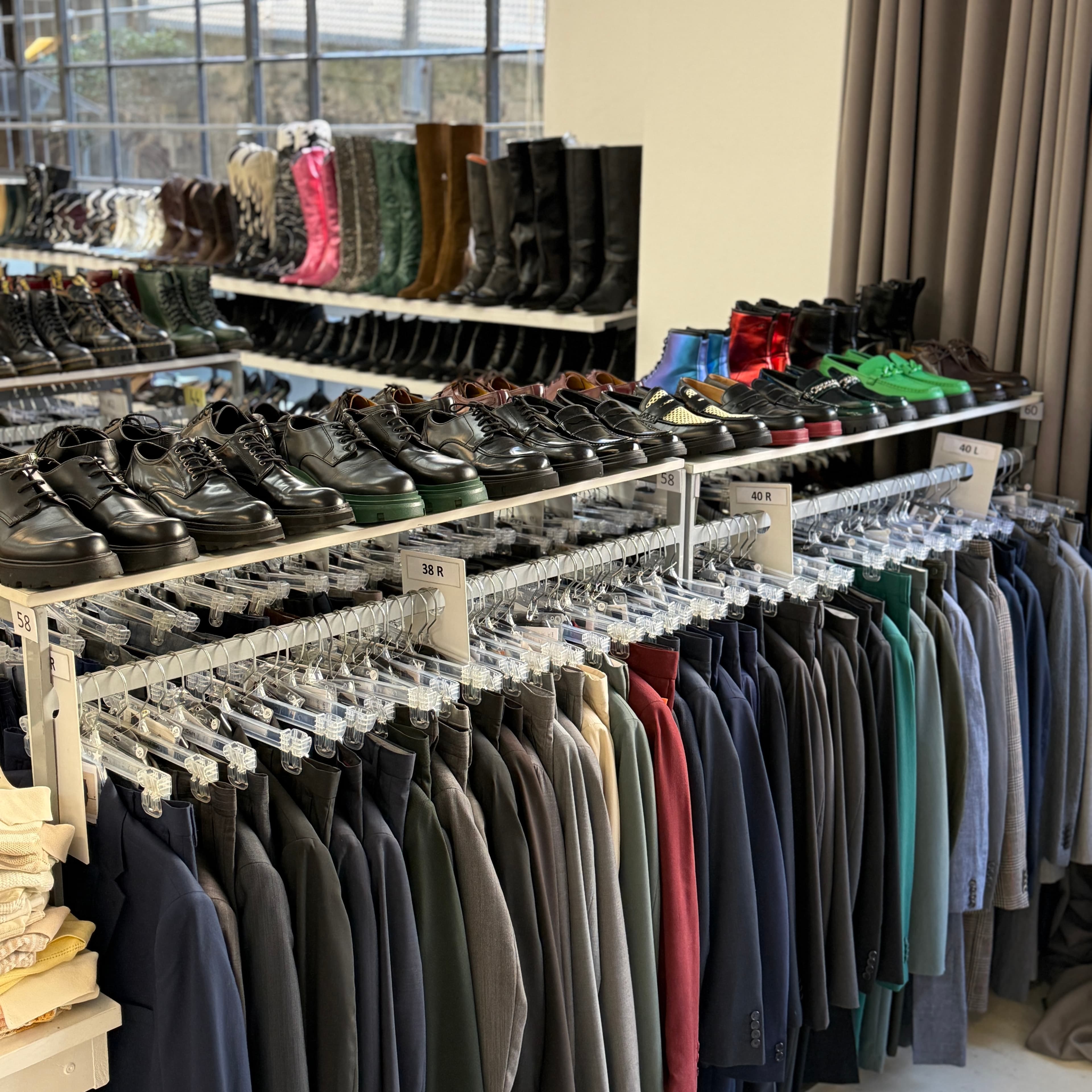 Vintage store front with clothing racks